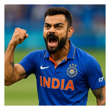 Virat Kohli, Indian cricketer, energetic pose, short beard, cricket jersey, expressive face, iconic hairstyle, sports background, vibrant colors sticker