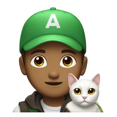 a boy in a green cap with sign “папа» with light brown skin light brown eyes and dark brown hair brown hair holds his black cat with  white muzzle and white chest sticker