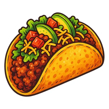 мексиканское тако, яркий, рисованный, но при этом объемный стиль, прозрачный фон sticker
