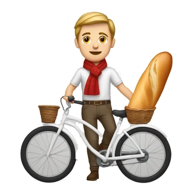 white parisian white man with a stripped white shirt, on a bike, wearing a red scarf and holding a baguette sticker