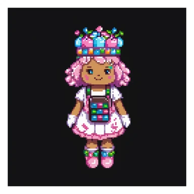 Portrait of a baker dressed in pink candy-themed clothes, gummy bears on his sleeves, rock candy crown, marshmallow gloves, skeuomorphism style sticker