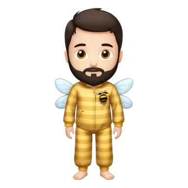 Grown up man with brown eyes, dark brown long hair, white skin, medium beard, full body in cute bee pijama sticker