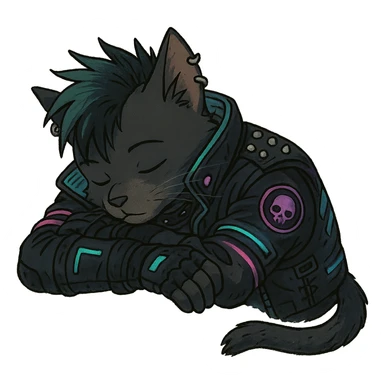  a anthro cat laying down his head to nap, punk gothic style, futuristic cyberwave cyberpunk, sticker