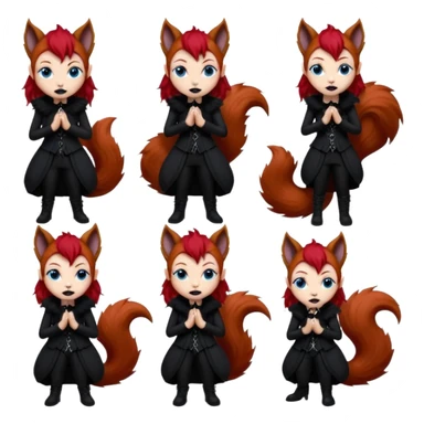  long curly red hair (darker), red pointed ears with black trim, black goth outfits, body and face human, blue eyes, more pointy chin, black lipstick, big fluffy red squirrel tail with black tips, like the attached photo with more outfits and poses,  sticker