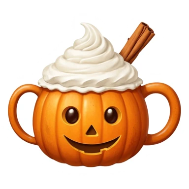 Steaming coffee Mug with whipped Cream and cinnamon Dust on Cream.  Small Punkin and 3 sticks of cinnamon next to mug sticker