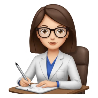 female therapist, brunette, brown eyes, light skin, sitting in a chair with a notepad, wearing glasses sticker