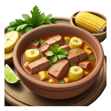 Cinematic Realistic Sancocho Antioqueño Emoji, depicting a hearty Colombian stew brimming with tender cuts of meat, yuca, plantains, corn on the cob, and potatoes in a rich, flavorful broth. Served in a rustic clay bowl with fresh cilantro and lime on the side, rendered with warm, inviting textures and homely, comforting lighting. sticker
