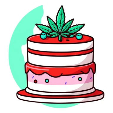 Festive confetti cake with mint leaves and a cannabis leaf as decoration sticker