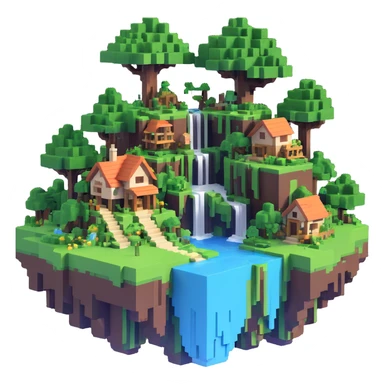 floating island with lush greenery, waterfalls, and a small house, utopian Minecraft-inspired world sticker