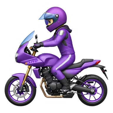 Créer un emoji avec une moto mt07 sport noir mate / violet iridescent très foncé, pare-brise de la moto violet. Avec une pilote dessus visière violet sombre visage caché . Avec fond arrière violet en arrière plan. sticker