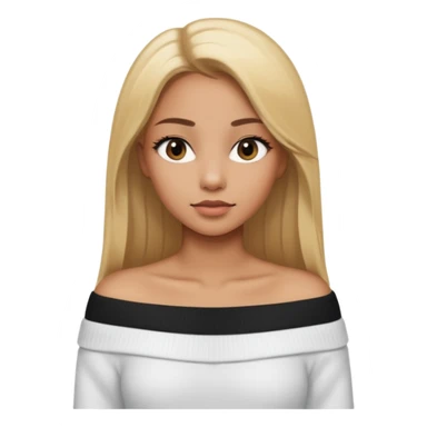 Mujer color de piel moreno claro, con cabello rubio largo, lacio y suelto, ojos negros viendo a la cámara, usando un suéter off shoulders blanco sticker