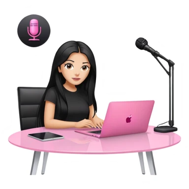 tanned long black hair woman, sat at desk with pink MacBook, podcast microphone black top and pink, sexy, glas table sticker