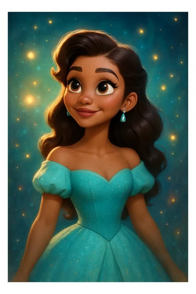 Zendaya reimagined in a 3D classic Disney look, with a whimsical, fairytale-inspired dress, large expressive eyes, and a magical aura sticker