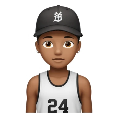 14-year-old Black boy, black cornrows, wearing a sports tank top and baseball cap sticker