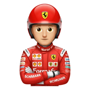 Michael Schumacher in his 2004 Ferrari racing suit, standing, red suit with sponsor logos, helmet under arm, confident pose, emoji style sticker