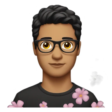 dark hair guy wearing glasses and dark t-shirt with flowers print sticker