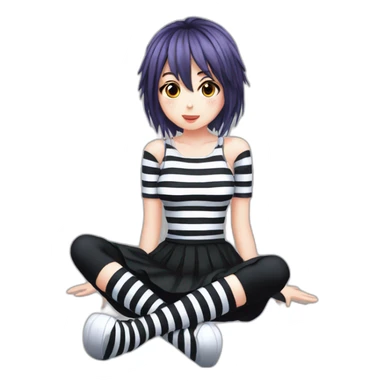 full body Front view emo girl sits on the floor black skirt torn striped stockings sticker