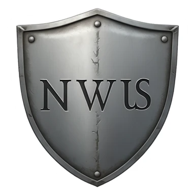 a steel shield with engraved roman letter NOVUS—looks battle worn sticker