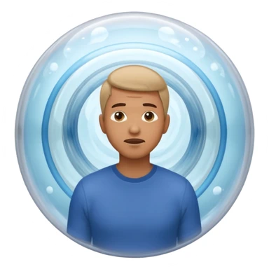 A man in simple casual clothes inside a transparent echo chamber bubble. Sound waves inside the bubble reflect back to him, showing only repeated versions of his own beliefs. Outside voices and symbols are muted or faded. Emoji-style render, soft lighting sticker