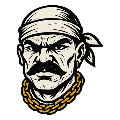 gangsta head with white skin, gold necklace, mustache, white headwear, bold and expressive style sticker