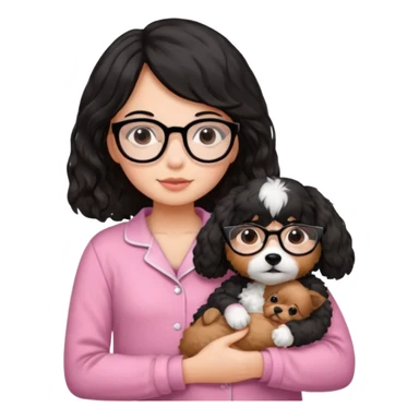 soft wavy black haired girl wearing black framed glasses in a pink pjs while holding her fluffy dog sticker