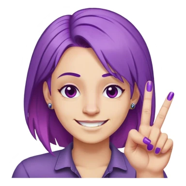 Grinned face, titled left, purple hair, middle fingers with fingernails painting sticker