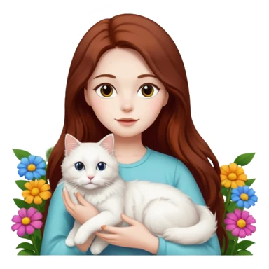 A woman with long dark auburn hair holding a white ragdoll cat in the garden of flowers sticker