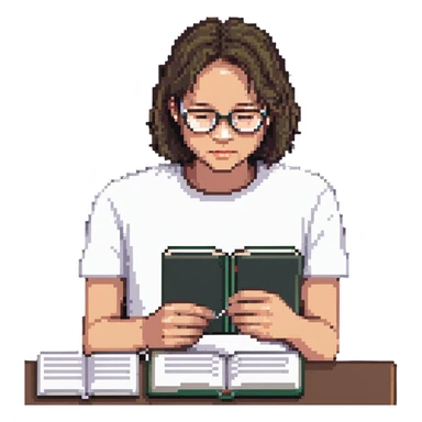 programmer with glasses, white t-shirt, sitting with a notebook sticker