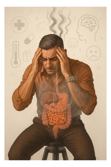 a person sits with a troubled expression, holding their head in their hands. A transparent overlay on their body reveals stylized images of parasites in the digestive tract, while faint, shadowy tendrils extend upward toward the brain, symbolizing the psychological impact. The background is clinical and educational, with subtle icons representing both physical and mental symptoms. sticker