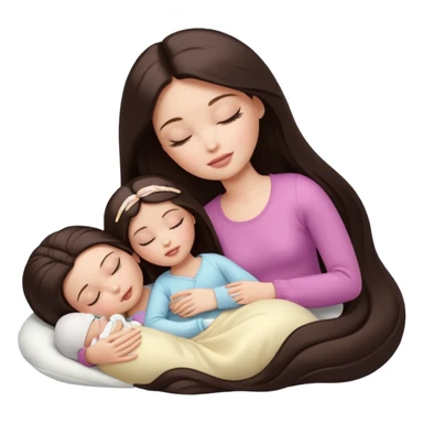 White Barbie girl dark brown long straight hair sleeping with white baby at cream bed sticker