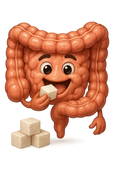 emoji stile iphone di un intestino anatomico che mangia zollette di zucchero, iperrealistico 4k, isolato su sfondo bianco sticker