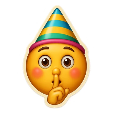 Add a finger in front of the pursed lips to clearly show the shushing gesture, keeping the party hat and playful expression, no background. sticker