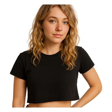 blonde wavy haired girl, blue eyes, left nose ring, black cropped shirt, casual pose sticker