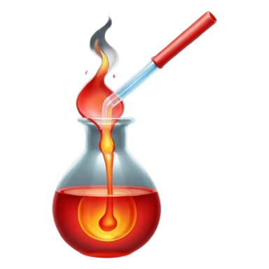 Glassblowing and casting icon, molten glass being shaped into a delicate object with a blowpipe, glowing red-hot glass being poured into a mold, unfinished glass sculpture, minimalistic style, clean lines, transparent background. sticker