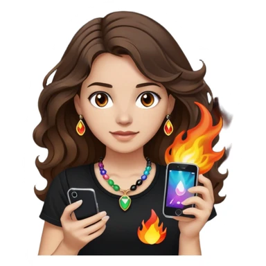 brunette girl with wavy medium length hair, brown eyes, light/medium skin tone, holding iPhone and light phone, wearing black tee shirt with flames on it and colorful beaded charm necklace sticker