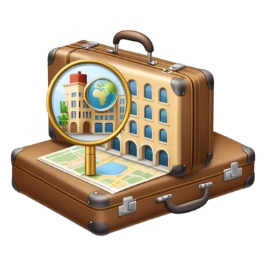 An icon featuring a suitcase, a hotel building, symbolizing the academic study of tourism and hospitality. The design includes a travel map and a magnifying glass, representing research into destinations and hospitality management. Transparent background sticker