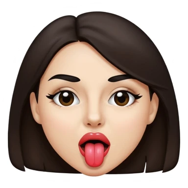 woman with dark brown hair wearing black band over eyes with tongue out sticker