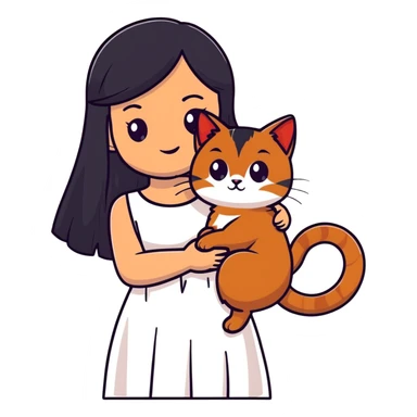 beautiful girl with long black hair wearing a white dress holding an Abyssinian cat with reddish-brown fur in her arms sticker