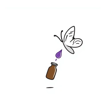 Small brown bottle floating with dim light, with a purple drop suspended in the air, slowly spinning in front of a luminous butterfly representing the thyroid gland sticker