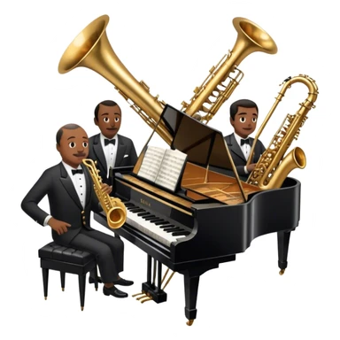 Icon for Jazz Music: Count Basie Orchestra, with Count Basie at the piano surrounded by jazz musicians playing instruments like saxophones, trumpets, and drums. Floating musical notes should capture the energetic and smooth vibe of big band jazz. Transparent background. sticker