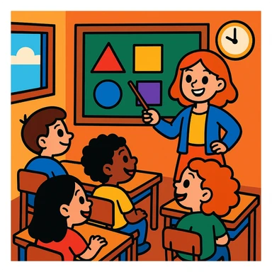 students in a classroom listening to a colorful, cheerful geometric shapes lesson, cartoon style sticker
