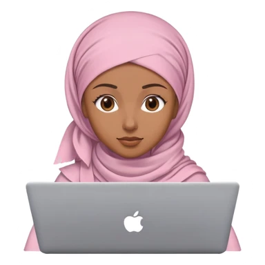 Light brown skin woman wearing loose light pink head scarf working behind laptop sticker