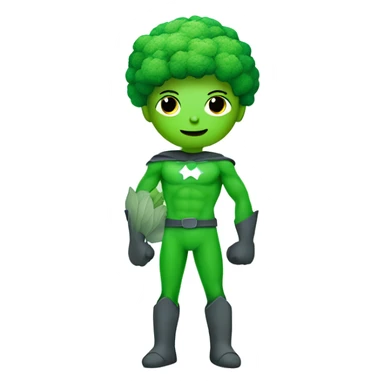 kawaii cute funny mini superhero with green clothes and a broccolis as hair,  full body saying hello sticker