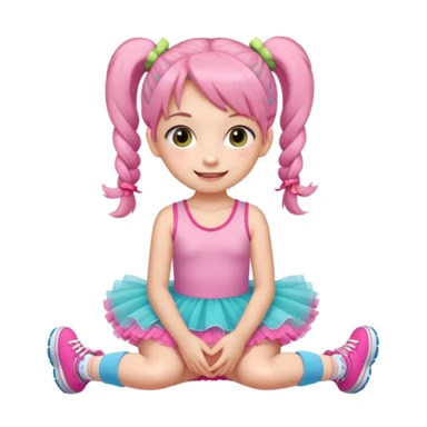 A cute young girl with pigtails sits on the floor, wearing a pink tutu dress and colorful sneakers. She has large, expressive eyes and a cheerful smile, resting her chin on her hands. The background is a soft, neutral color that enhances her playful demeanor. sticker