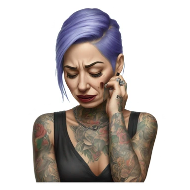 Hyper Realistic Beautiful tattooed woman crying holding a phone  sticker