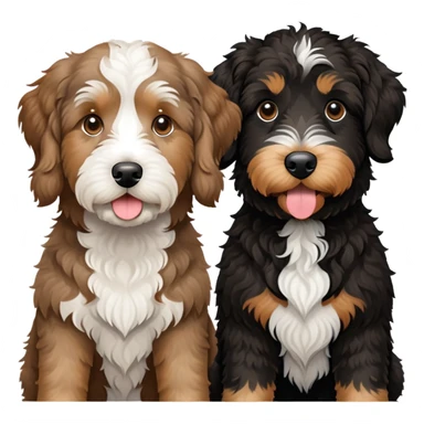 2 dogs: one light brown Aussiedoodle, one all-black Bernedoodle with white eyebrows some white markings, no brown coloring. Both same size. sticker
