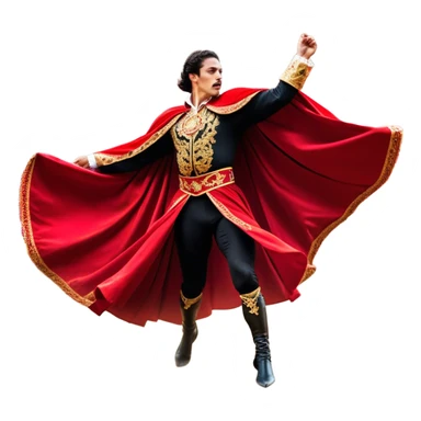 ​Cinematic Realistic Spanish Matador Holding a Red Cape, depicted in mid-action with a vibrant red cape flowing in the wind, dressed in an ornate traje de luces with shimmering details, confronting a charging bull in a dramatic arena, rendered with dynamic motion blur and vivid, high-contrast lighting, sticker