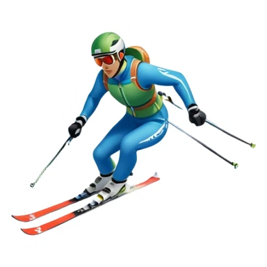 An icon featuring snowy peaks, pine trees, and a picturesque mountain landscape with a skier racing down a snow-covered slope. The sky is blue with soft clouds, capturing the thrill and beauty of alpine skiing. Transparent background highlights the excitement and serenity of winter sports. sticker