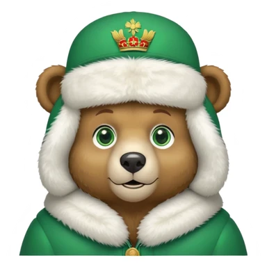 Sweet, cartoonish bear face with large green eyes, wearing white fur ushanka hat with accurate Russian Federation coat of arms centered, iOS emoji style sticker
