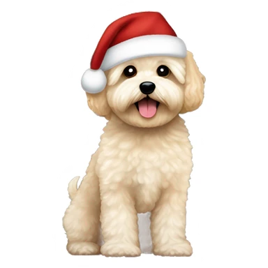 Ein Maltipoo mit Weihnachtsmütze im Vordergrund im Hintergrund stehen zwei Menschen, ein braun haarige Junge und ein blondes Mädchen in der Mitte ein Weihnachtsbaum sticker